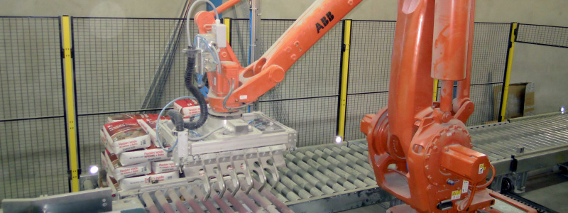 Controlling the production line for producing cement mixtures (weighing, mixing, bagging, robot-assisted palletizing)